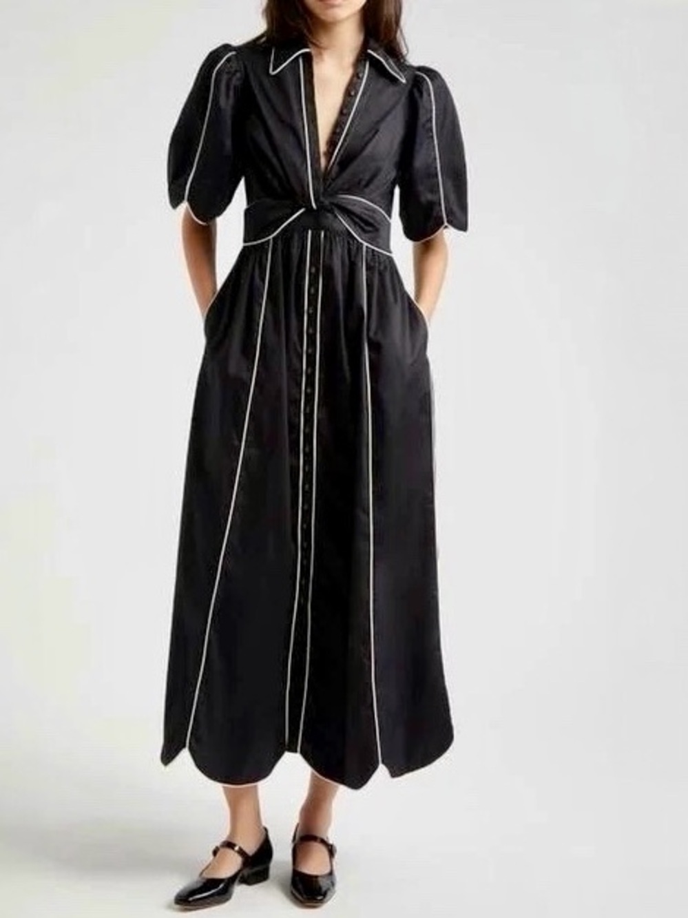 Farm Rio Contrasting-Trim Puff Short Sleeve Button Down Midi Dress Small NEW